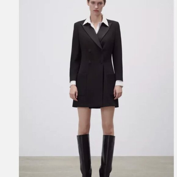 ZARA BLACK COLLARED DOUBLE-BREASTED BLAZER JACKET DRESS WITH POCKETS SIZE M NWT - Picture 2 of 10
